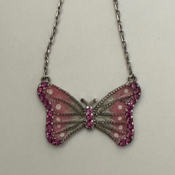 925 Silver butterfly necklace cz stones and pink white handmade enamel - Picture 6 of 6